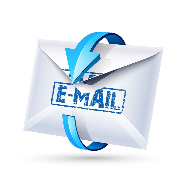 Open email letter with blue arrow isolated on white. Vector illustration